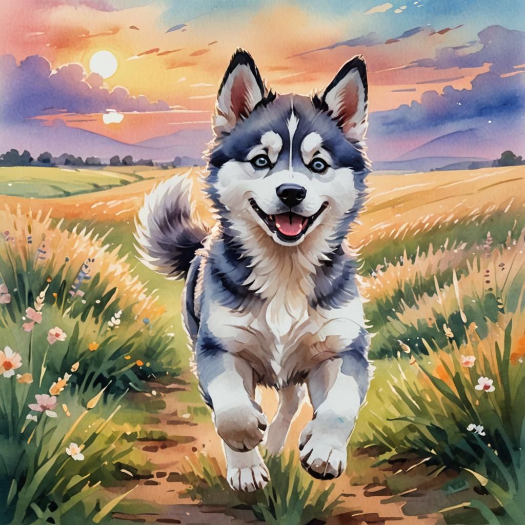 Watercolor Anime Husky Puppy in Sunset Field