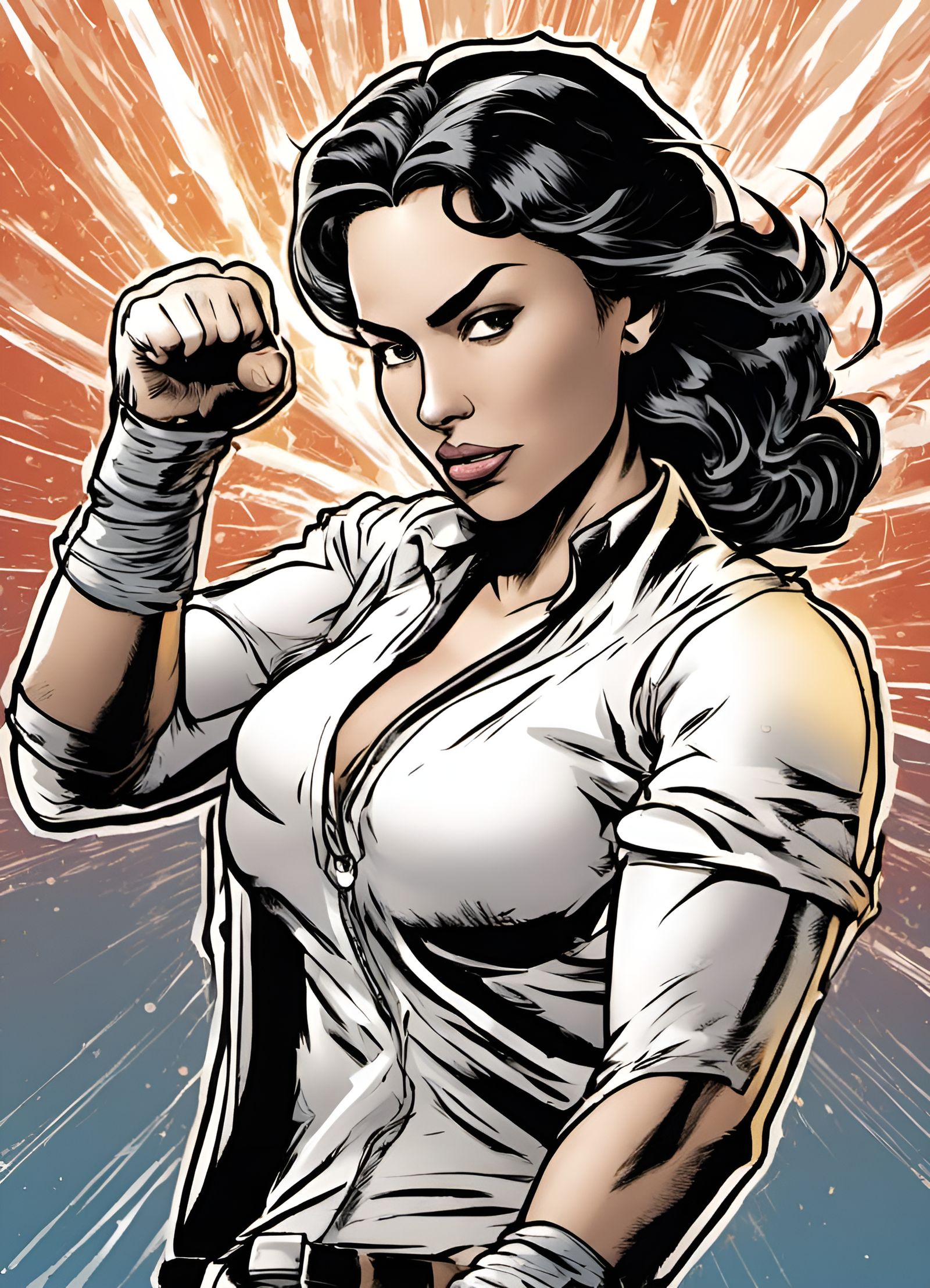 Hispanic Heroine Punches the Air, Comic Book Style