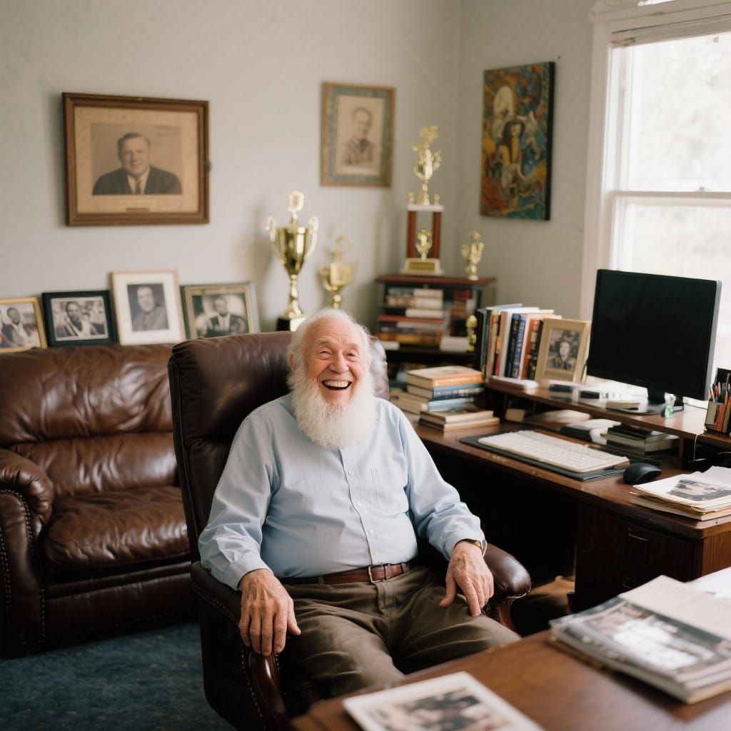 Joyful Grandfather in Home Office with Trophies and Books
