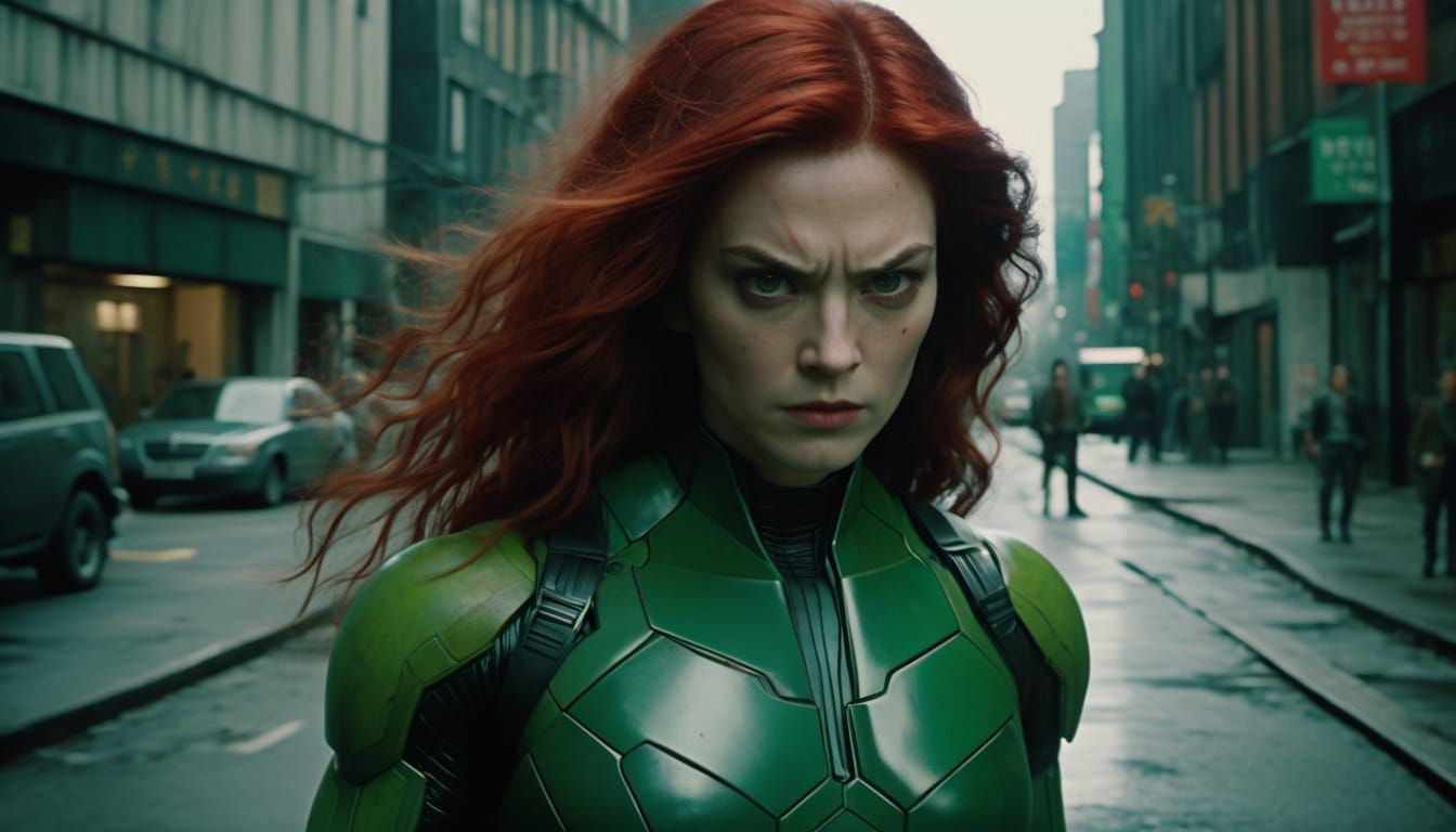 Confident High-Fashion Woman Stands Beside Powerful She-Hulk...