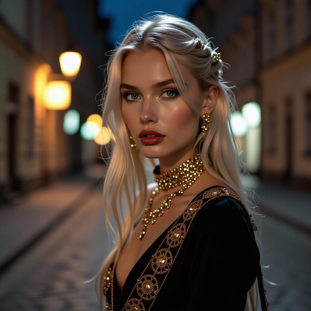 Young Woman Poses in Empty Street at Night