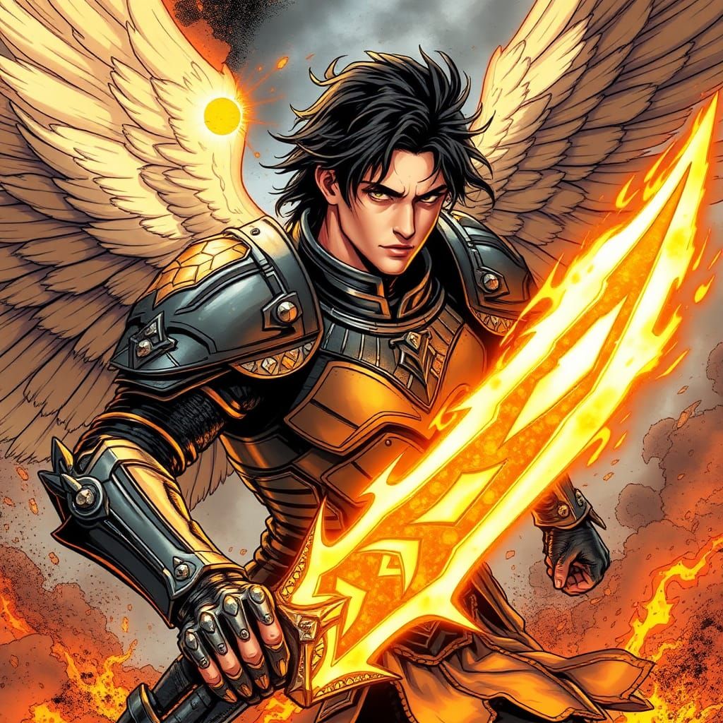 Male Battle Angel with Fiery Sword in Comic Style