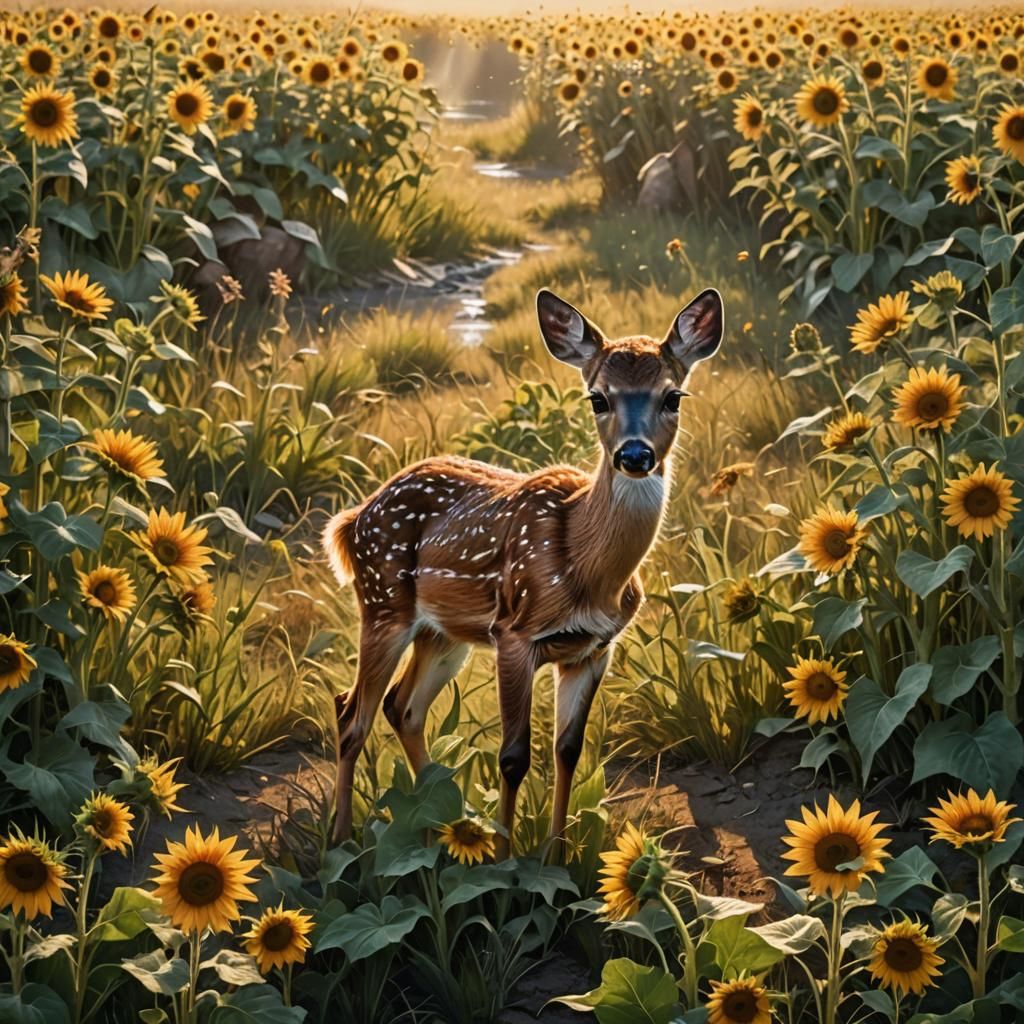 Hyperrealistic Deer Family in Sunflower Field