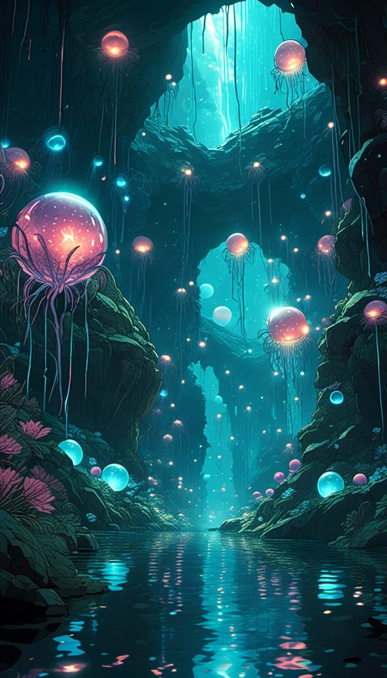 Image of many multiple colored glowing alien orbs floating in a dark gloomy underwater cavern lot by bioluminescent aqua...