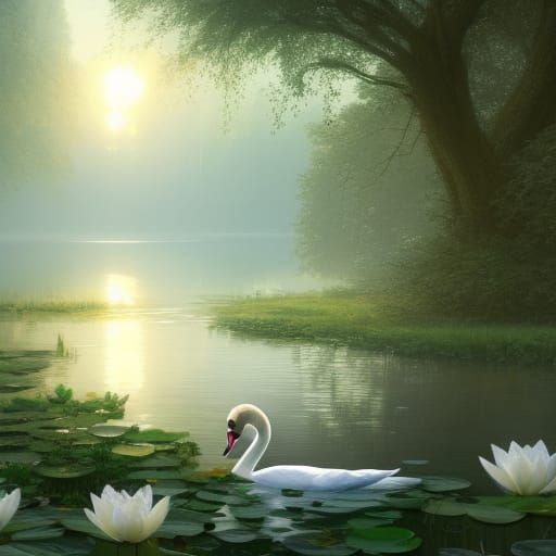 Swan on Lily Pond in Forest: Hyperdetailed Concept Art