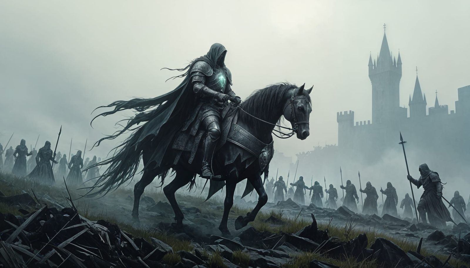 Spectral Knight Rides Through Foggy Battlefield