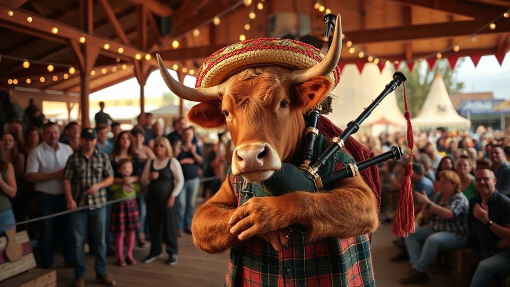 Highland Cow Plays Bagpipes in Sombrero