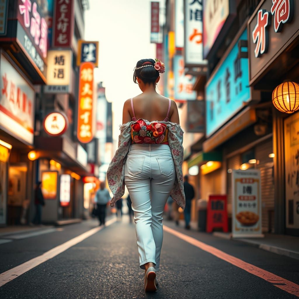 Geisha in Neon Tokyo Street, Golden Hour