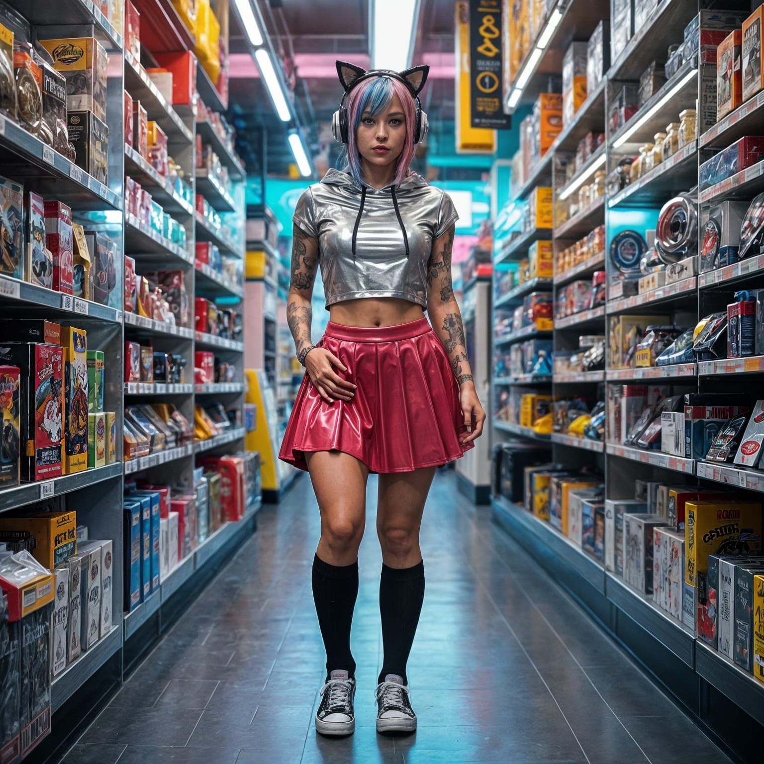 Tattooed Woman in Latex Outfit at Nerd Store