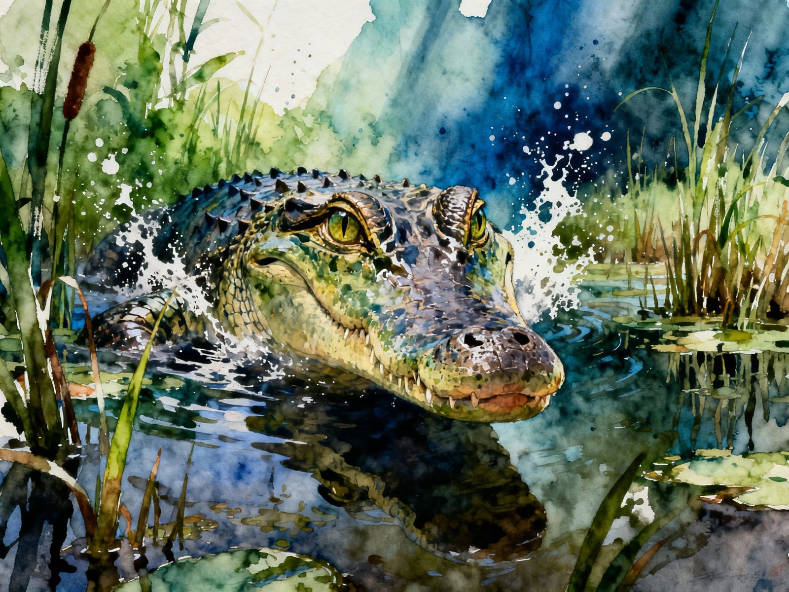 Intense Crocodile Head Emerging from Swamp in Watercolour