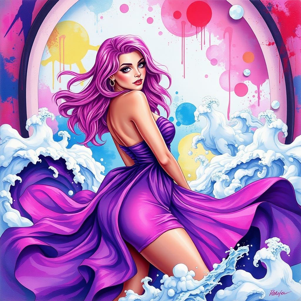 Pink-Haired Woman in a Dreamlike Graffiti Room