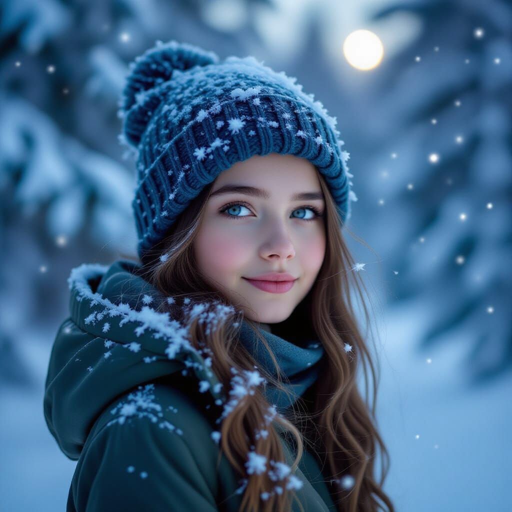 Girl with Sparkling Snow Crystals in Hair