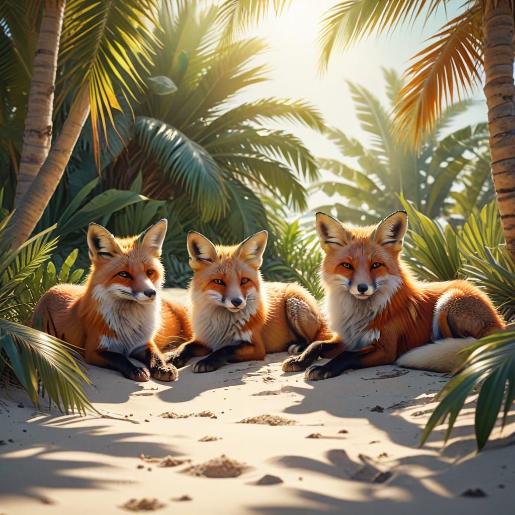 Fox Family's Tropical Beach Getaway in Watercolor Style