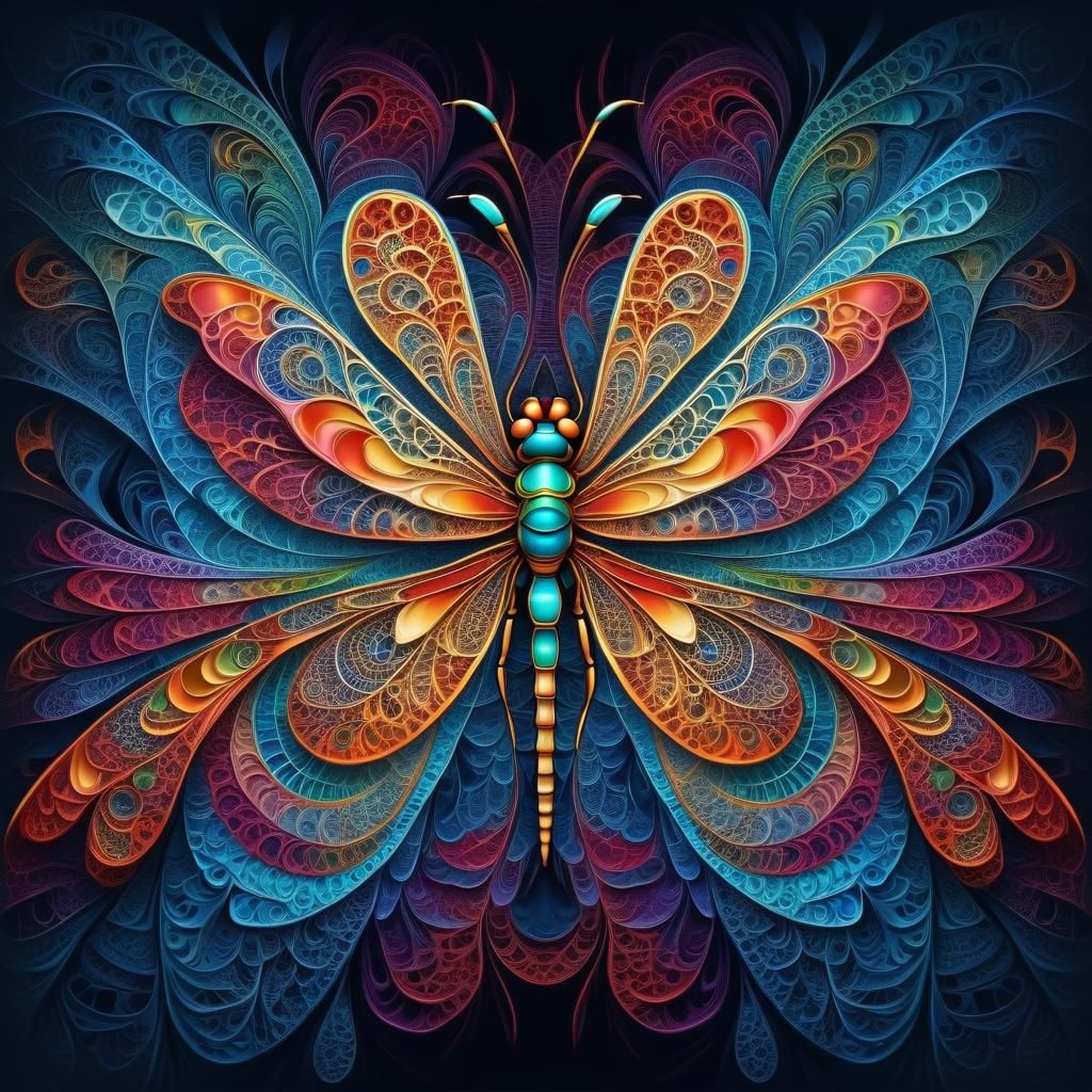 Hyperrealistic Fractal Dragonfly in Abstract Vector Style