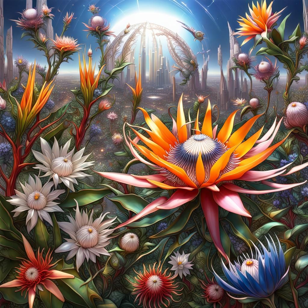 Metallic Flower Field on Cybertron: Hyperdetailed and Futuri...