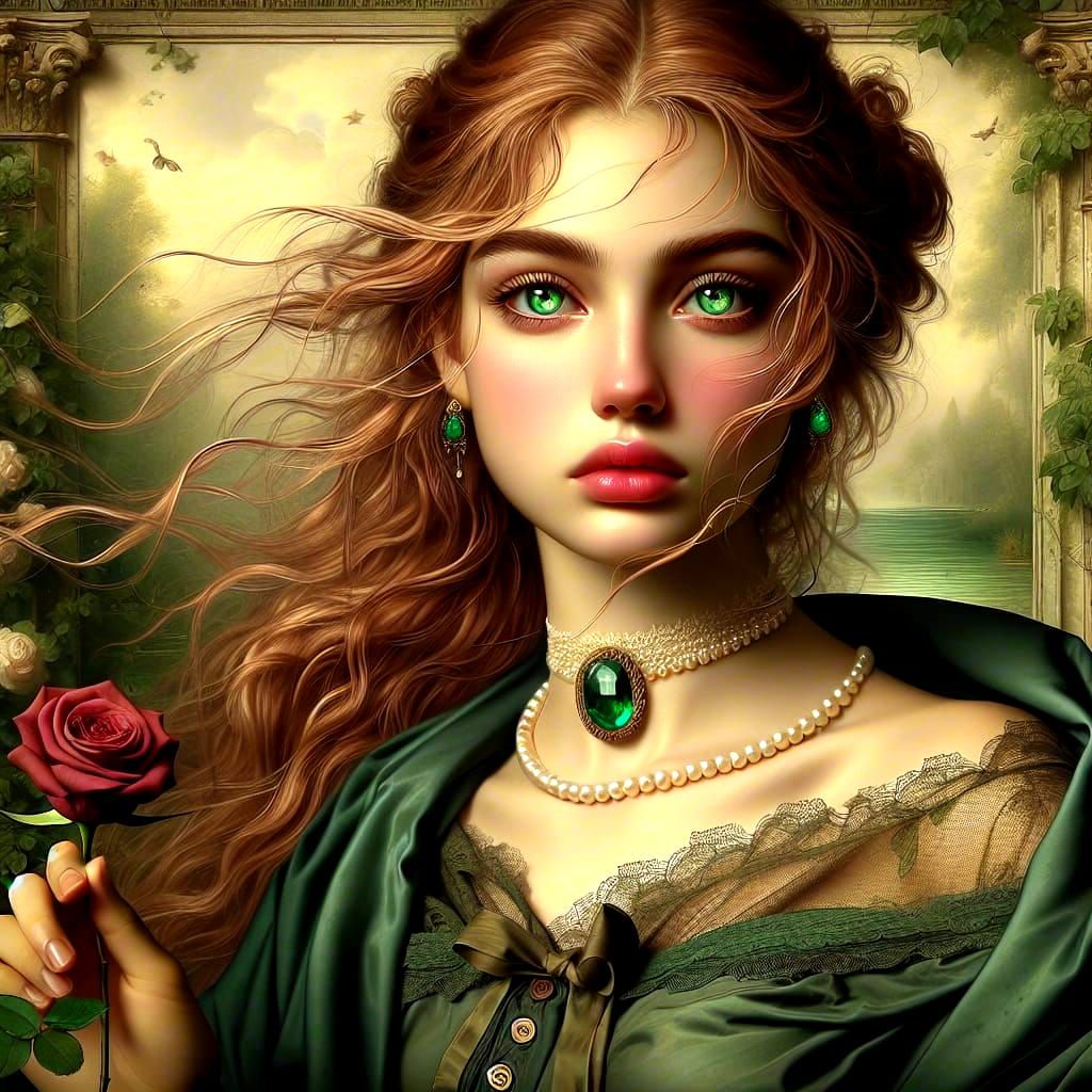 Greek Woman with Emerald Eyes in Magical Forest