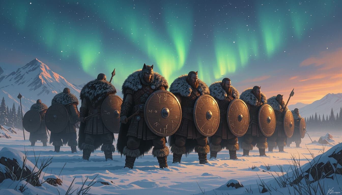 Nordic Warriors United Under Aurora, Digital Painting