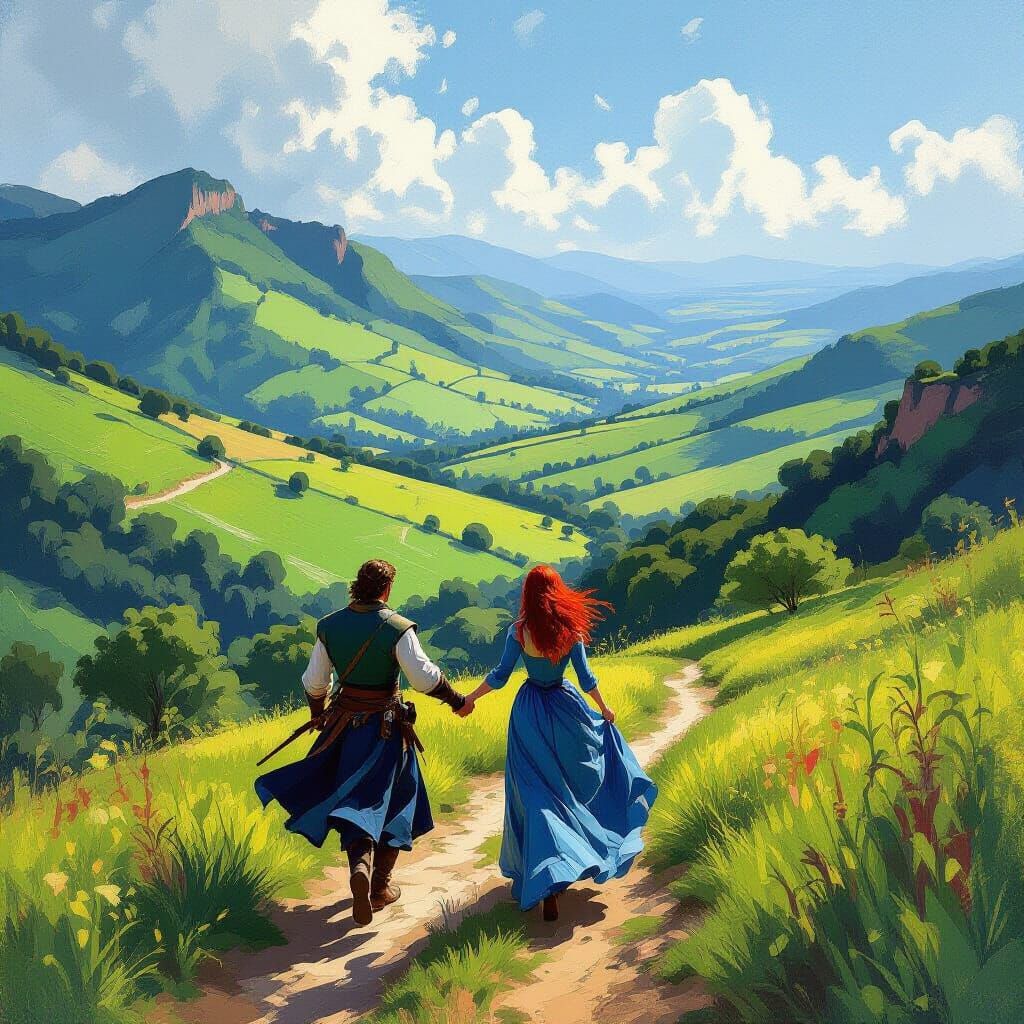 Lush Green Mountainside Vista with Medieval Couple