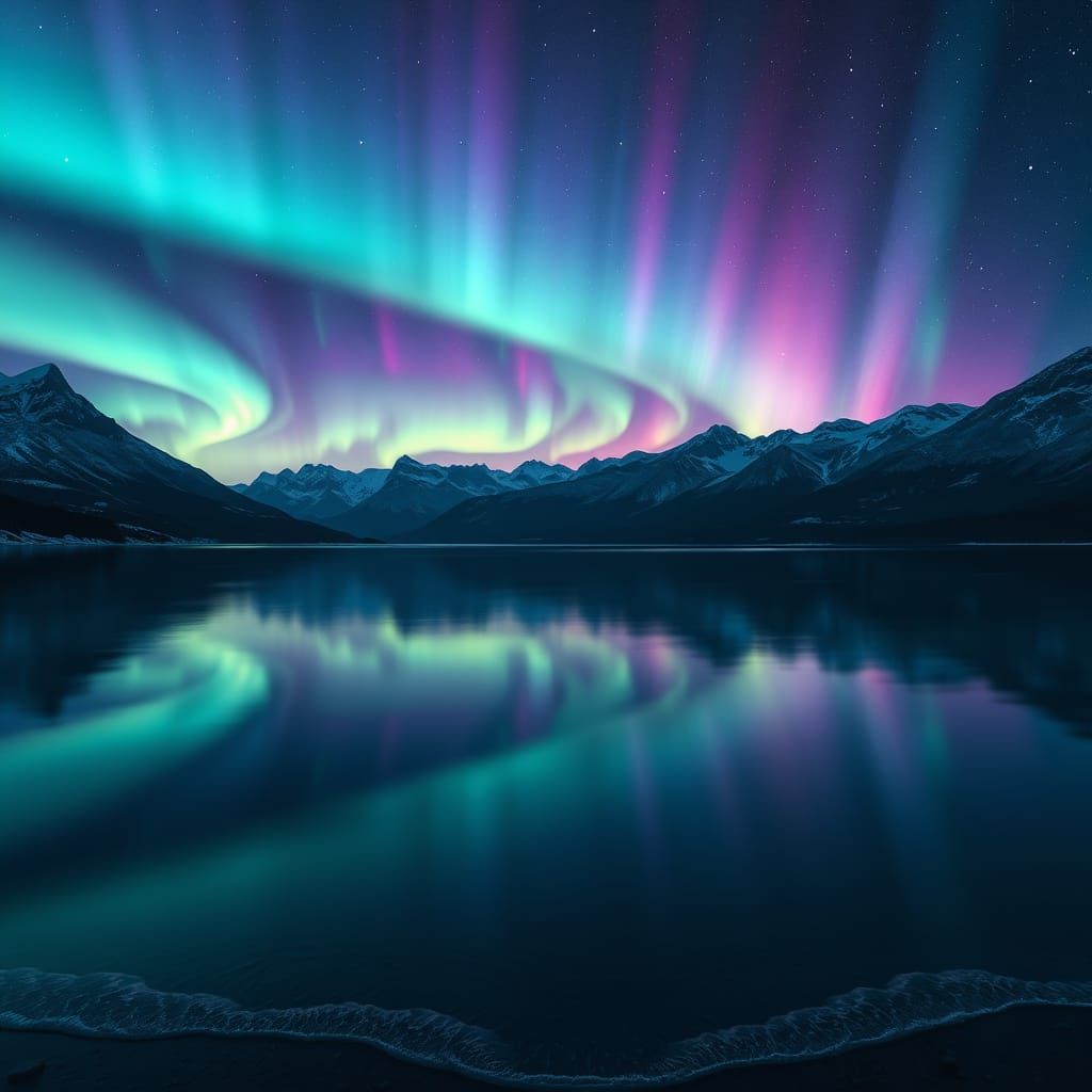 Ethereal Aurora Borealis Lake Scene in 3D Anime Style