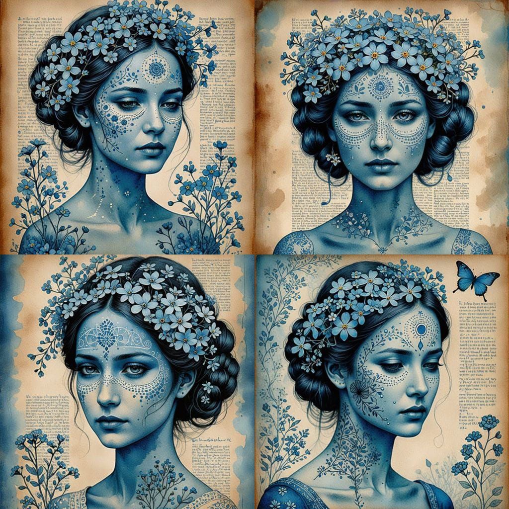 Blue Portrait with Forget-Me-Nots in Watercolor Style