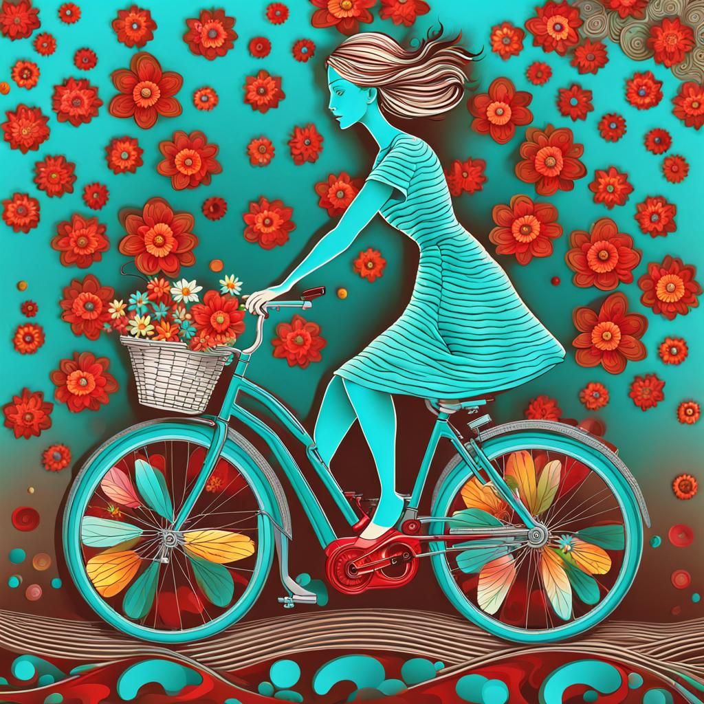 Woman on Bicycle with Flowers, Abstract Vector Art