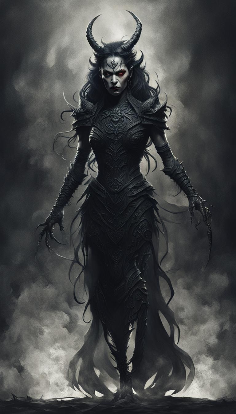 Devil Woman Portrait in Dark Fantasy Art Nouveau Style