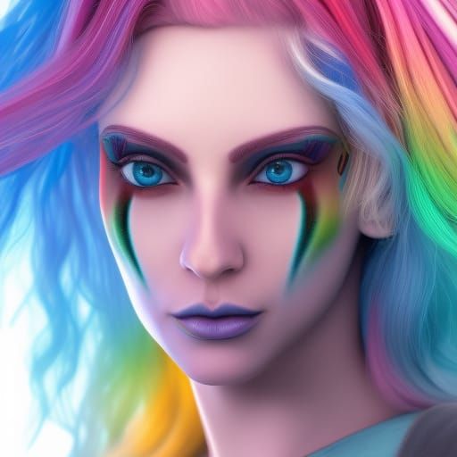 Woman with Rainbow Hair in Detailed Digital Painting