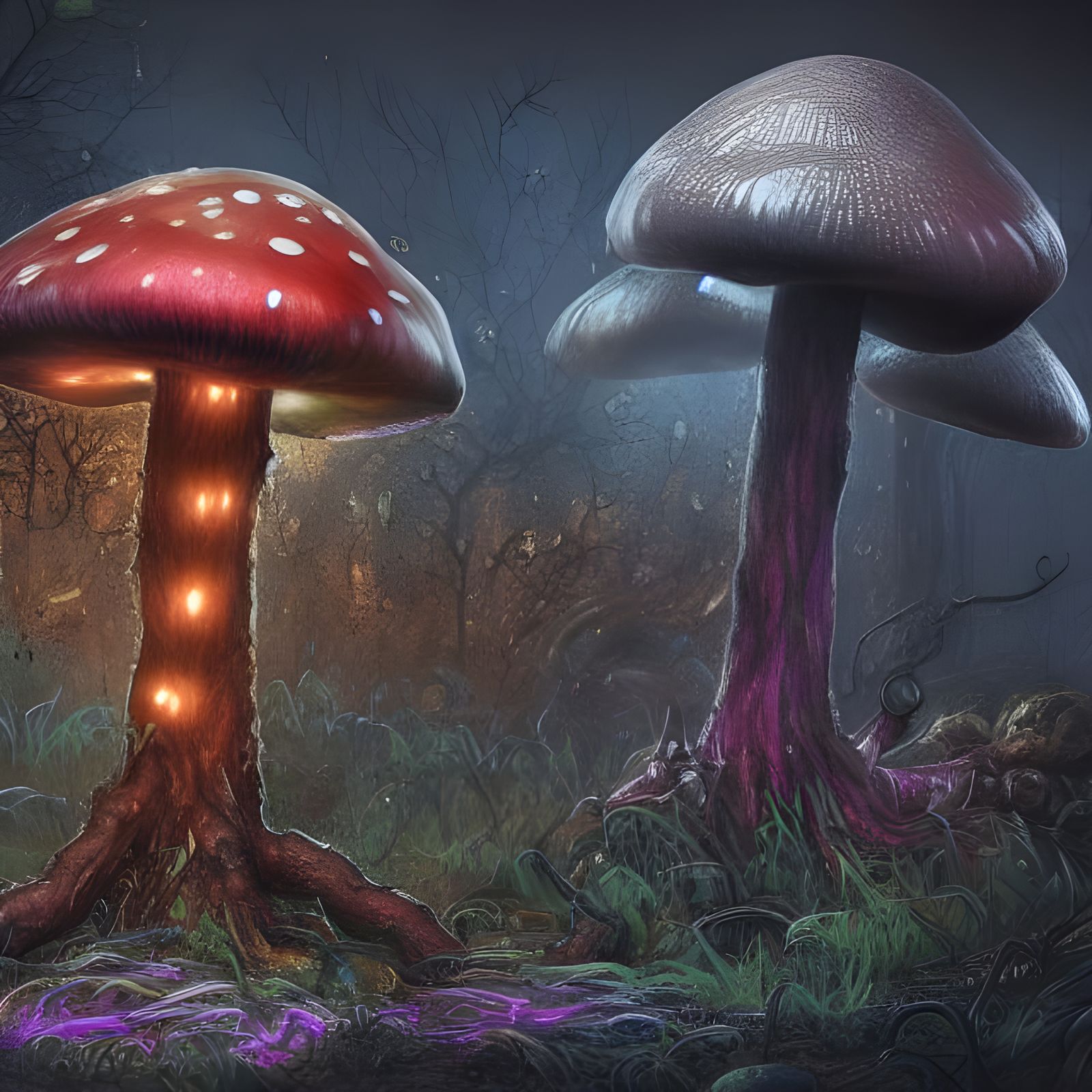 Hyper-Realistic Mushroom Monster in Cyberpunk Apocalypse