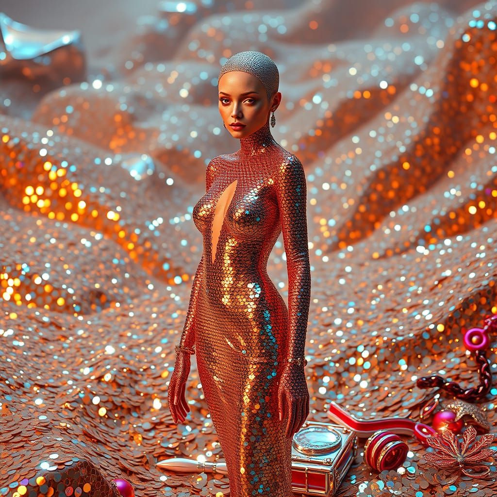 Surreal Goddess Radiates Stardust in Sequined Dreamscape