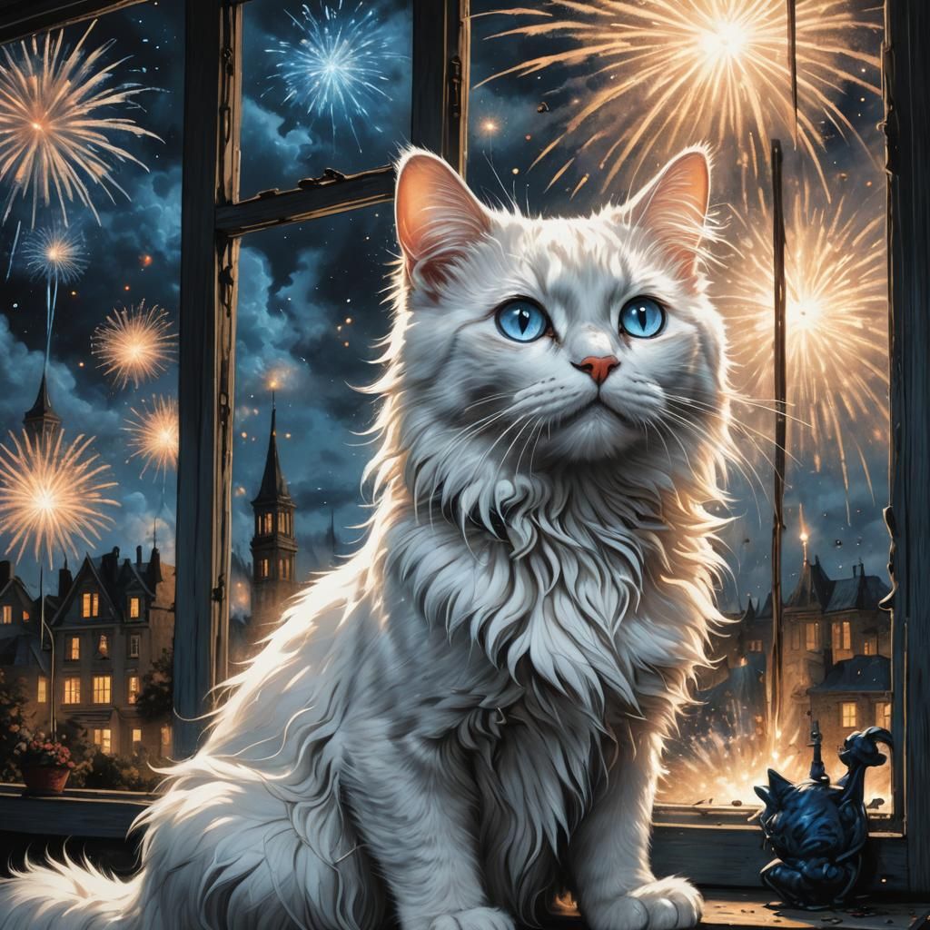 Cat Watches Fireworks: Comic Book Art