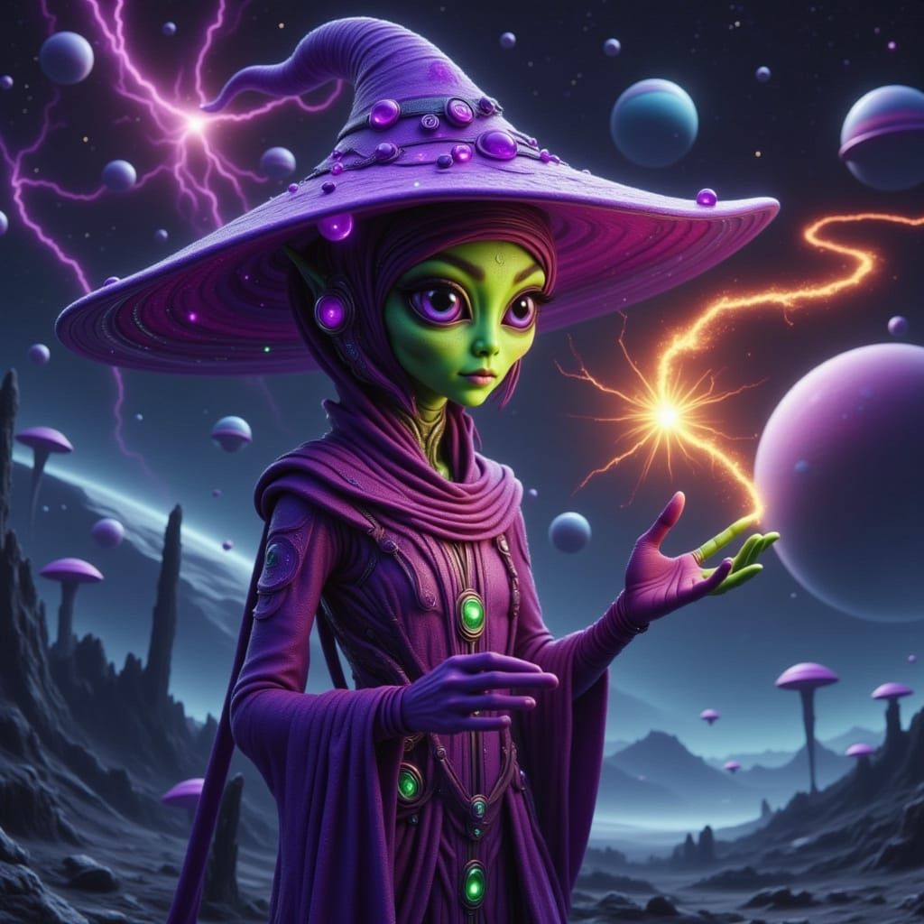Alien Witch Casting Spells on Planets