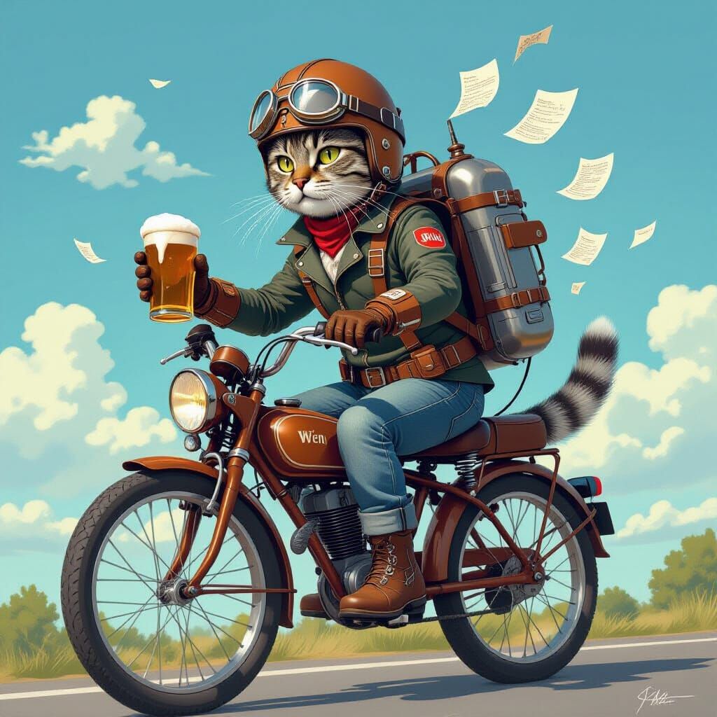 Steampunk Cat Cyclist in Digital Illustration