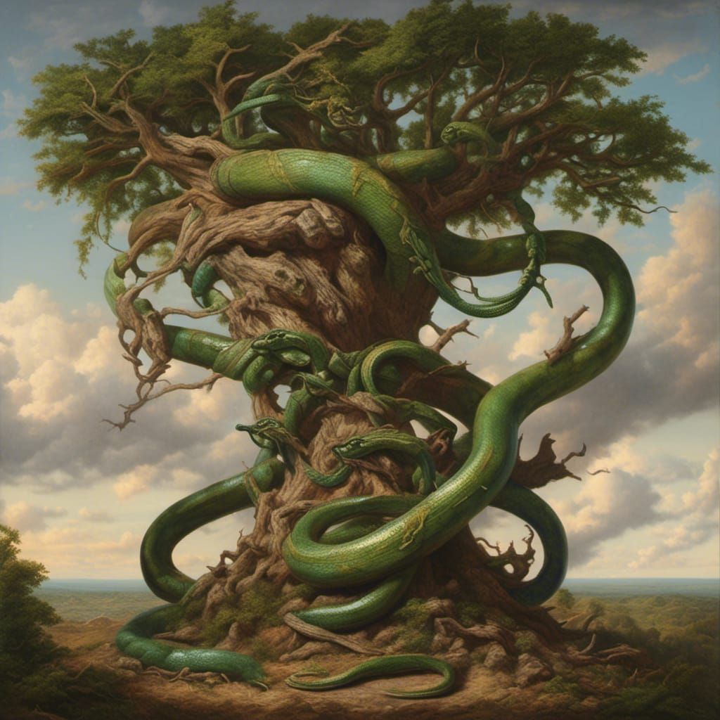 <lora:Strong Expression:1.0> the serpent intertwined with the tree of knowledge Hyperrealistic,