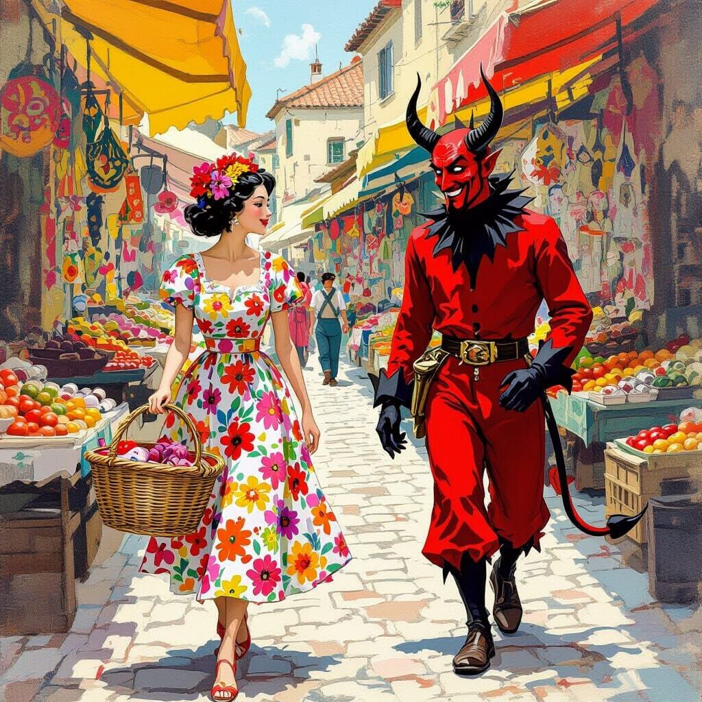 Ginette's Whimsical Market Encounter in Surreal Folk Art