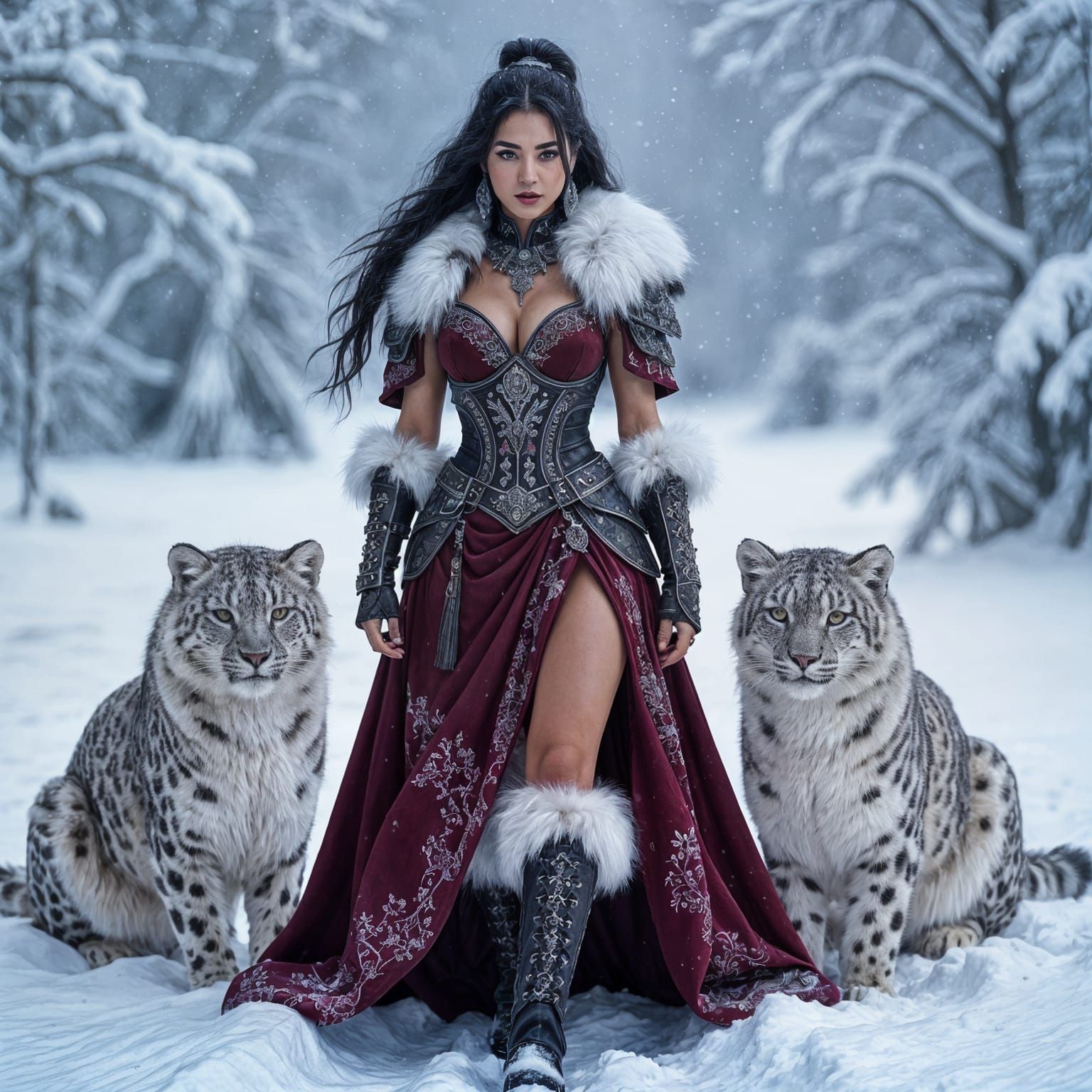 Warrior Princess with Snow Leopards in Snowy Landscape