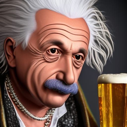 Hyperrealistic Einstein Troll in Pub with Beer