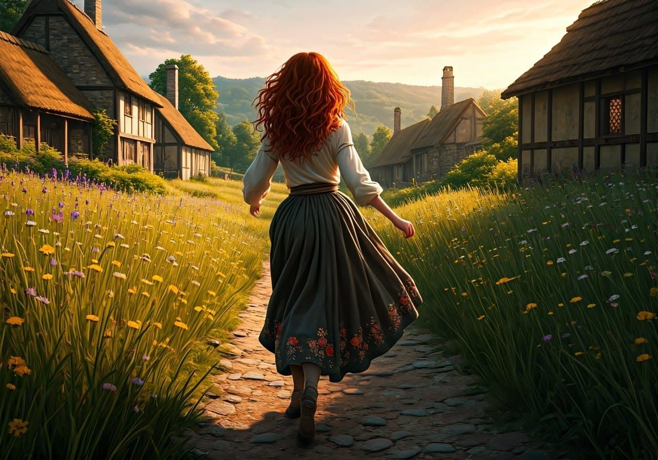 Medieval Village Sunset in Hyper-Realistic Style