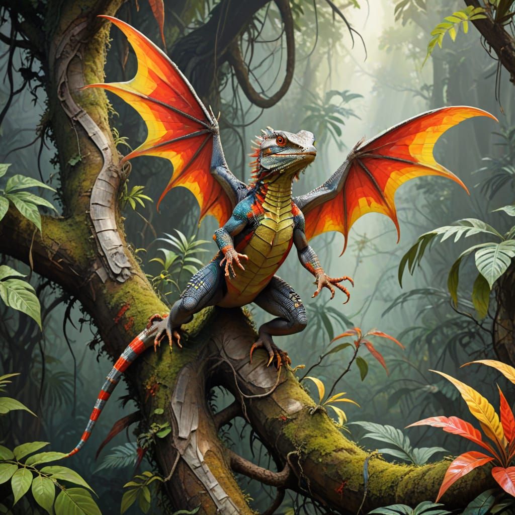 Winged Lizard Climbing Jungle Tree in Abstract Art