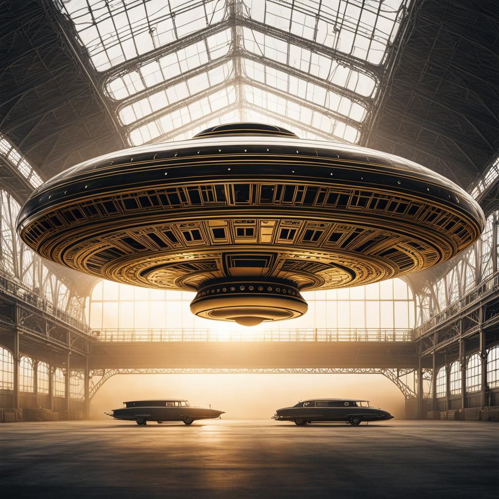 Steampunk UFO in Hangar: Blueline Art Nouveau Drawing