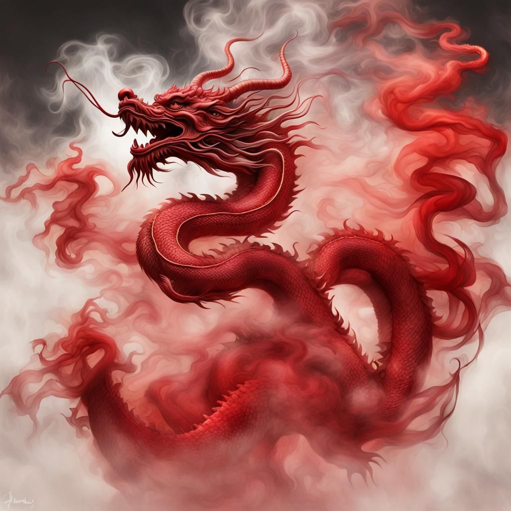 Chinese Dragon Smoke Sculpture in Flowing Red Fabric Style