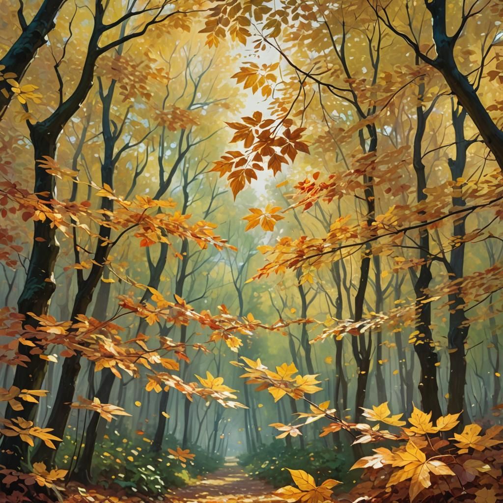 Autumn Leaves Dance: Impressionistic Forest Scene