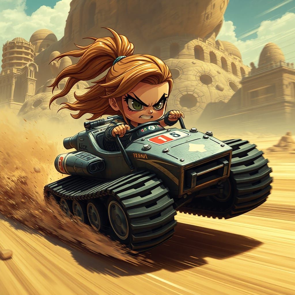 Apocalyptic Tank Race in Dark Fantasy Comic Style