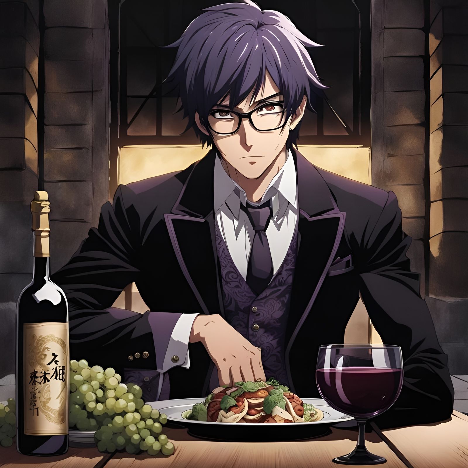 Anime Man with Wine Glass in Dark Setting