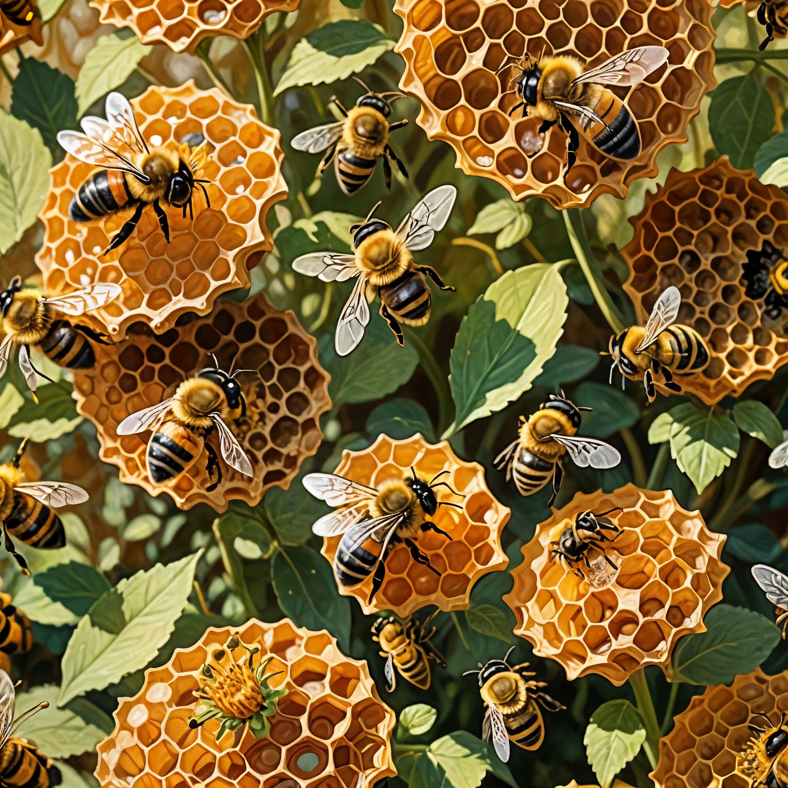 Bumble Bees in a Vibrant Honeycomb Scene