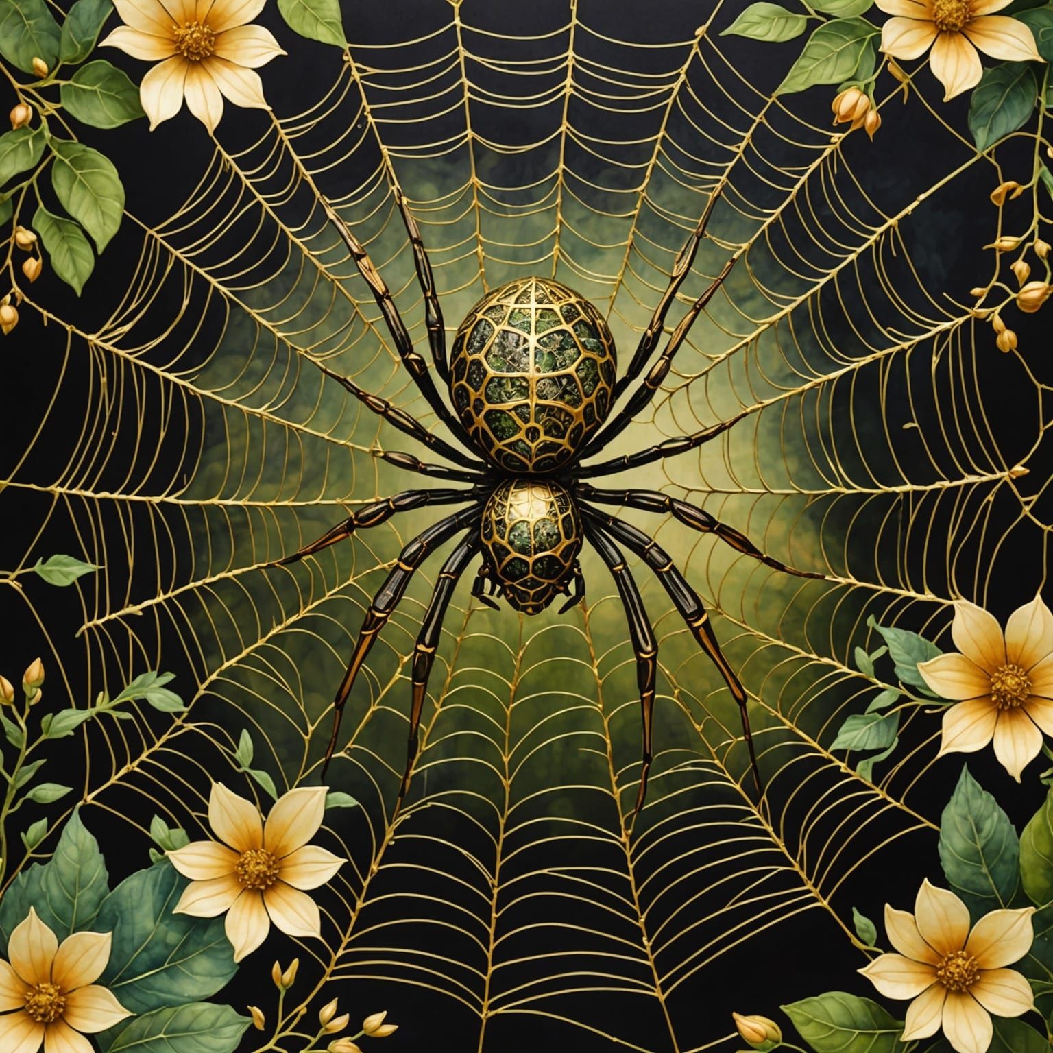 Golden Spider in Summer Garden: Alcohol Ink Art