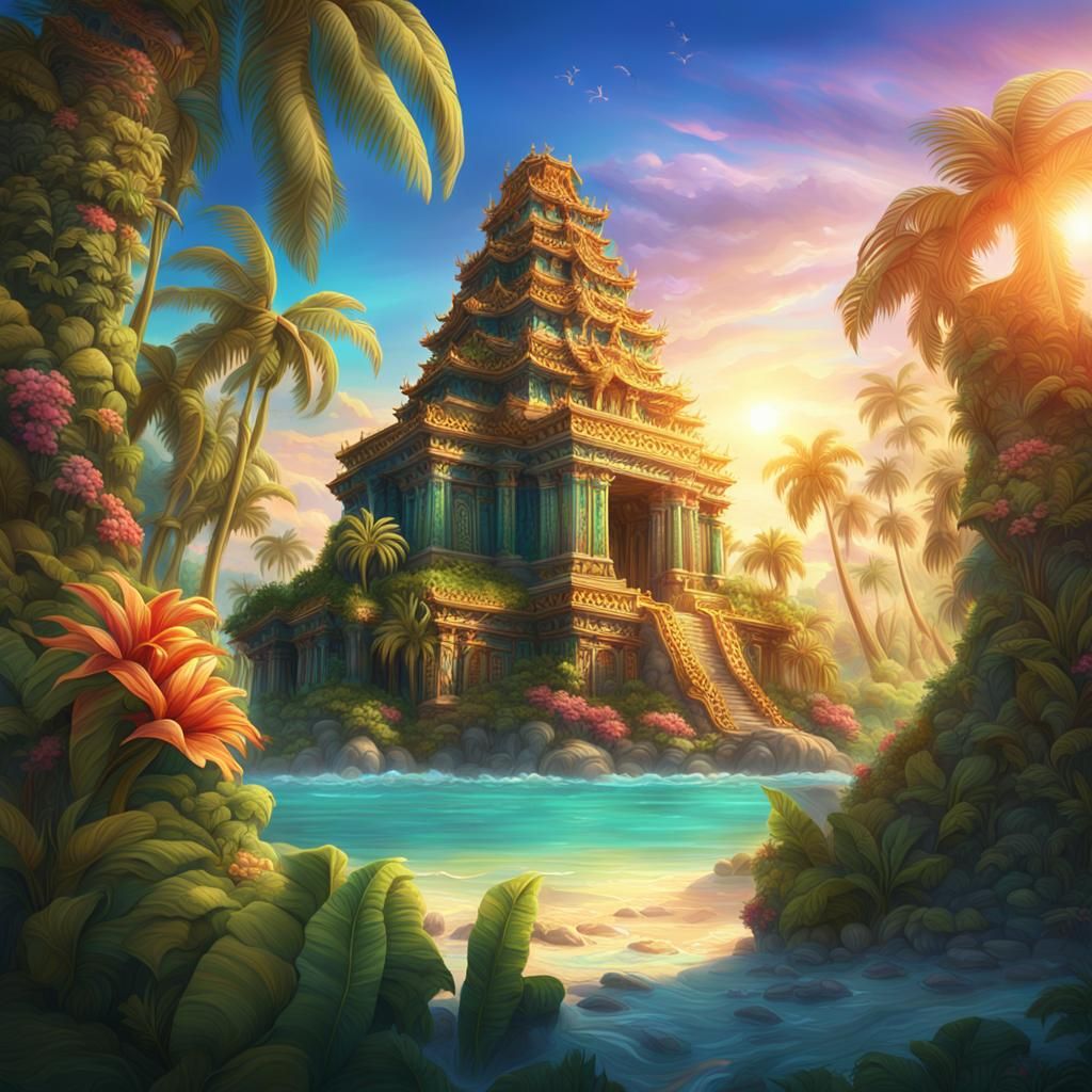 Vibrant Tropical Temple in Fantasy Concept Art