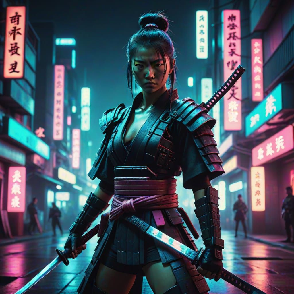 Cyberpunk Samurai Female in Neon Cityscape