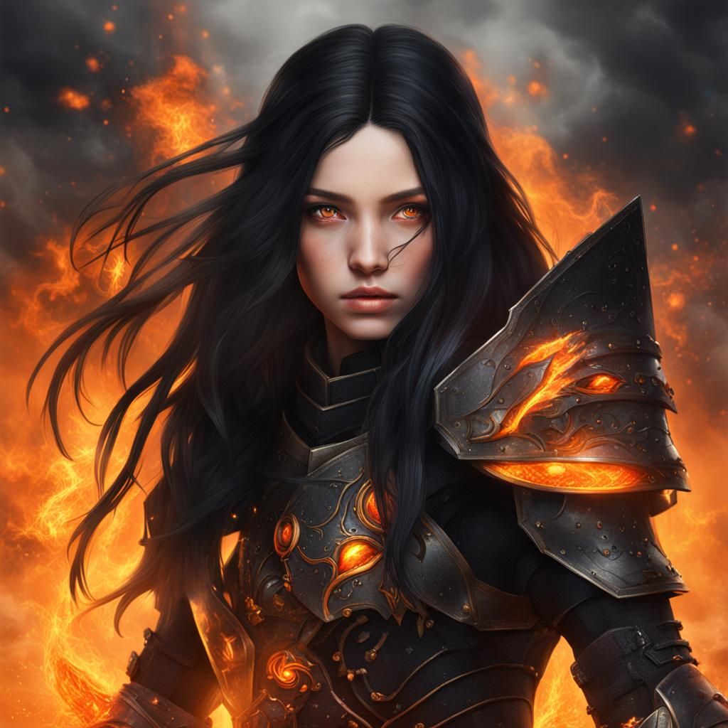 Hyperrealistic Teenage Fire Being in Magical Armor