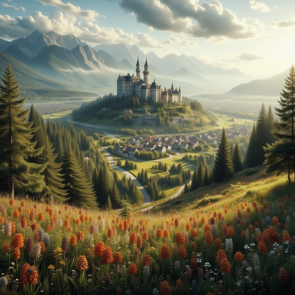 Hyperrealistic German Landscape with Rolling Hills and Castl...