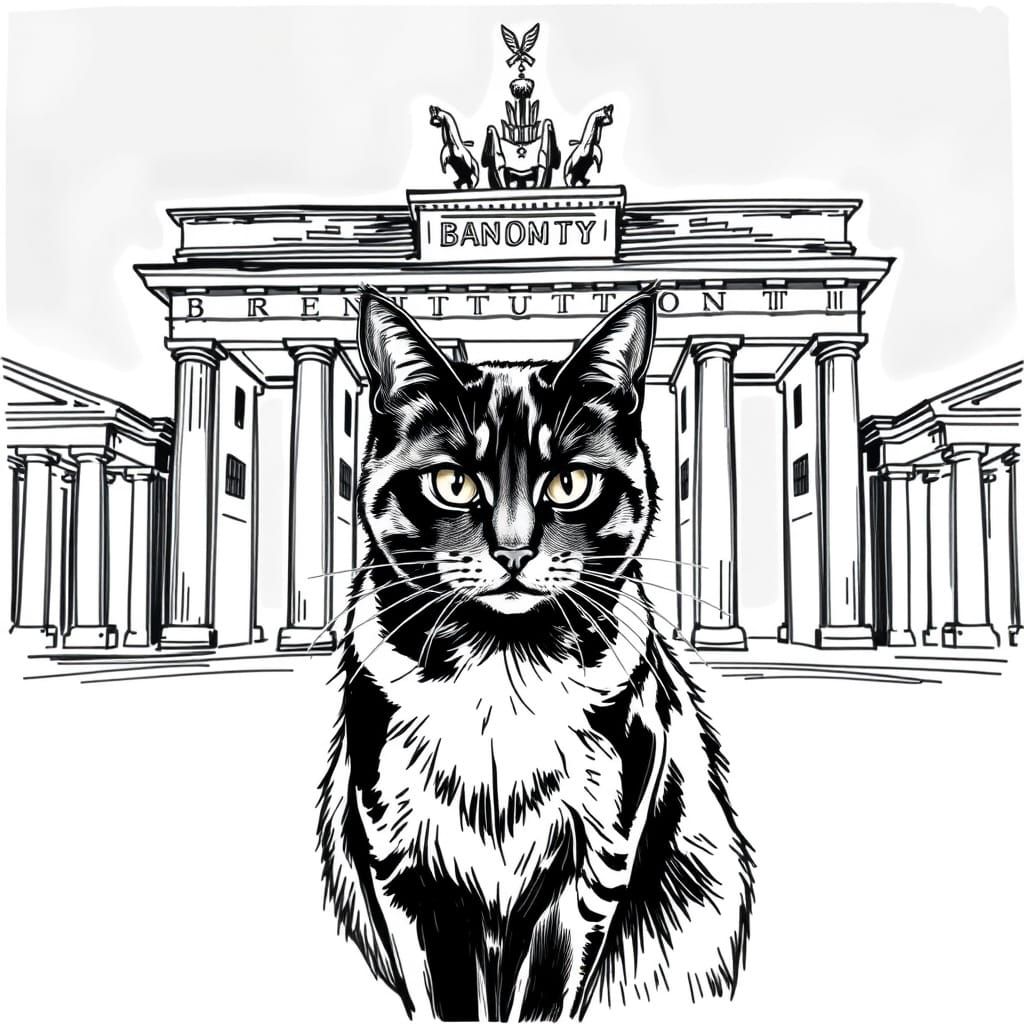 Regal Cat in Front of Brandenburger Tor in German Expression...